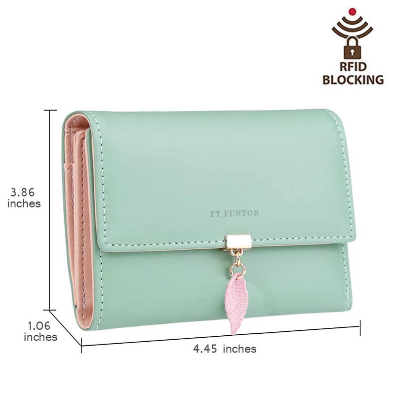 FT FUNTOR RFID Wallets for Women, Leaf Card Holder Trifold Ladies Wallets Coins Zipper Pocket with ID Window Green - Image 5